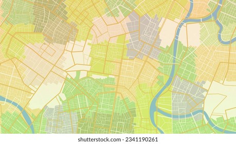 Green city area, background map, streets. Skyline urban panorama. Cartography illustration. Abstract transportation background, streetmap. Widescreen proportion, digita design streetmap. Vector