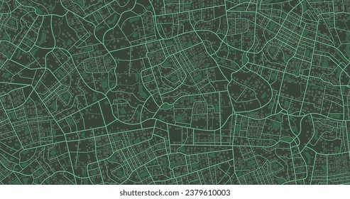 Zona verde de la ciudad, mapa de antecedentes, calles. Panorama urbano en Skyline. Ilustración cartográfica. Resumen del trasfondo del transporte, mapa de la calle. Proporción panorámica, mapa de la calle de diseño digital. Vector