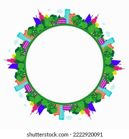 Grüner Stadthintergrund, runder Rahmen. Umwelt- und Umweltkonzept. Eine Stadt inmitten von Grün. Flache Vektorgrafik einzeln auf weißem Hintergrund.