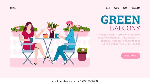 Green city balcony with young people resting in home garden among flowers.