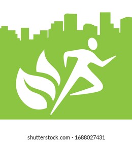 Ciudad verde detrás de figuras humanas y hojas de árboles grandes, vector