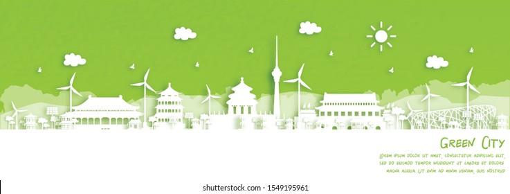 Green City Of Beijing, China. Environment And Ecology Concept In Paper Cut Style. Vector Illustration.