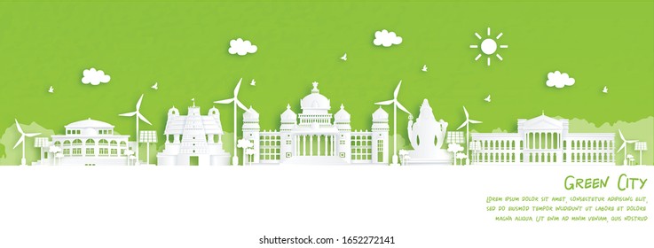 Green city of Bengaluru, India. Environment and ecology concept in paper cut style. Vector illustration.