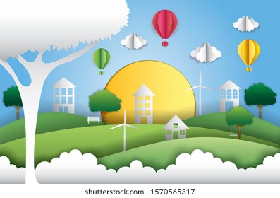 green city between mountains hot balloons clouds. vector illustration