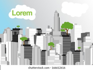 Green City in Black and White Background - Vector Illustration