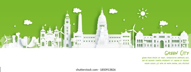 Green city of Bueno Aires, Argentina. Environment and ecology concept in paper cut style. Vector illustration.