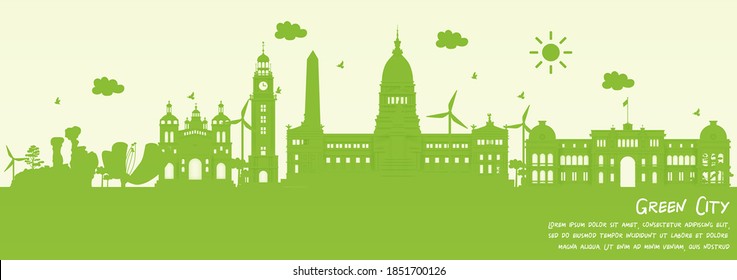 Green city of Bueno Aires, Argentina. Environment and ecology concept. Vector illustration.