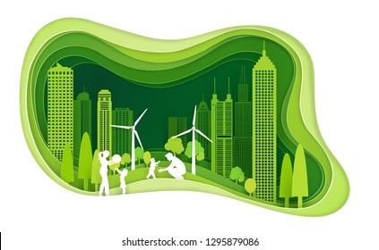 green city with building and eco friendly. paper art concept