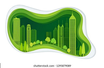 green city with building and ecology idea. paper art concept