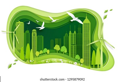 green city with building and ecology idea. paper art concept