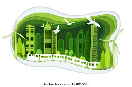 green city with building and ecology idea. paper art concept