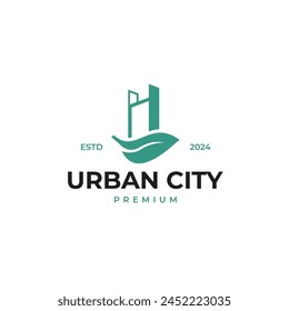 Green city building with leaf logo design illustration idea