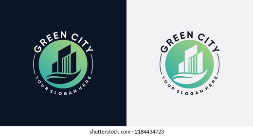 Green city building logo design template with leaf element and creative concept