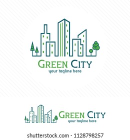 Green city building logo, residential, apartment and city landscape vector.