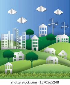 green city with buildings between mountains paper cut art. vector illustration