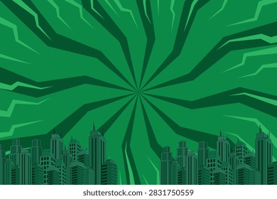 Green city buildings comic zigzag lightning background