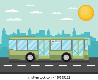 Green city bus in front of city silhouette and sky with clouds, vector illustration in flat design