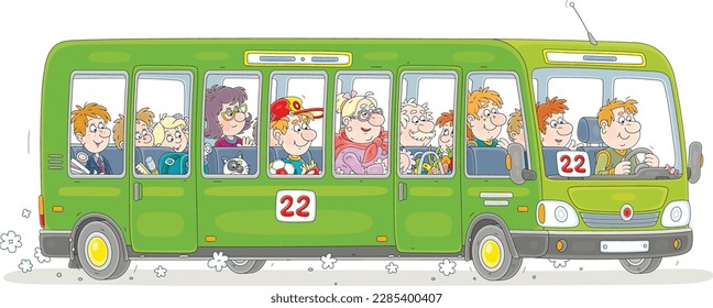 Green city bus with a funny driver and noisy passengers hurrying about their business, vector cartoon illustration isolated on a white background