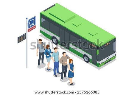 Green city bus at a bus stop with passengers forming an orderly queue. The stop has a red marked bus lane and clear signage for bus routes.