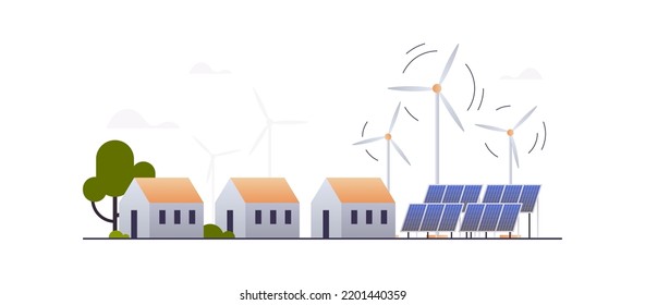 Green city center with private houses and solar energy panels, windmills, eco town renewable energy ecology concept.