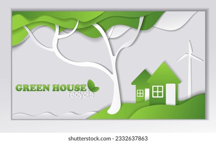Green city composition, trees, lake, houses, wind generator. Paper cut house, green tree leaves inside, green house concept, eco house, eco friendly, recycling concept, clean house