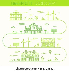 Green City Concept Detailed Silhouette, Eco Theme Infographic Design Elements. Trendy Vector Illustration, Linear Style.