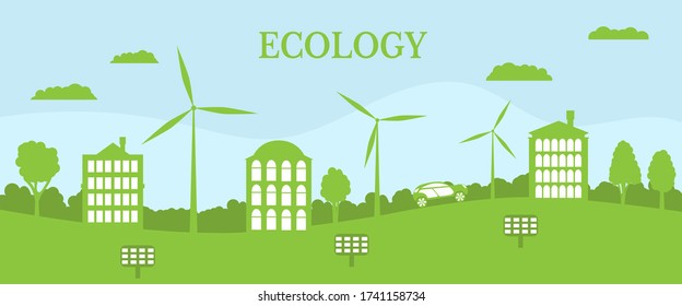 Green city concept. Ecological house and environment conservation. Renewable energy with a wind generators and solar panels. Vector Illustration.