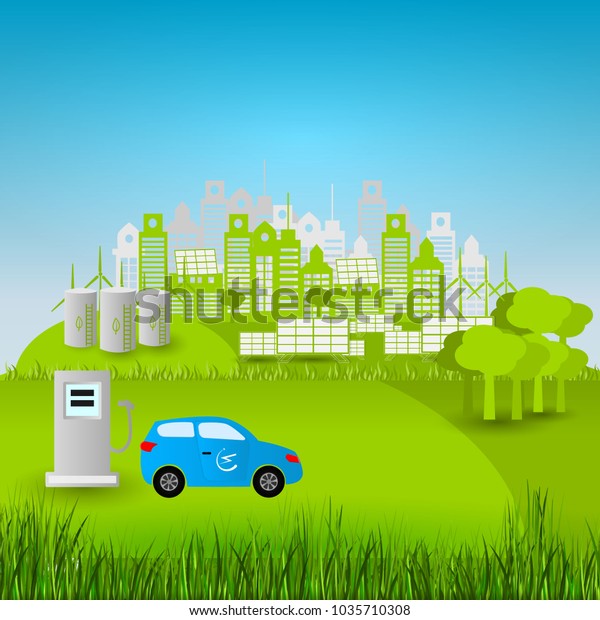 \
green city concept. Electric car in the background\
of a modern ecological\
city