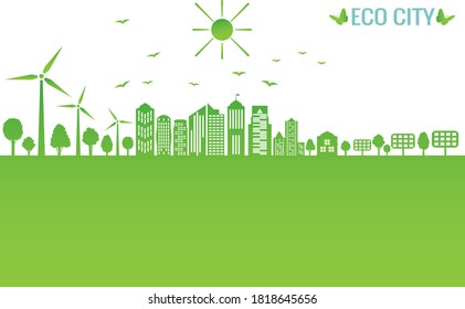 Green city concept and environment conservation. Renewable energy with a wind generators and solar panels. Vector Illustration.