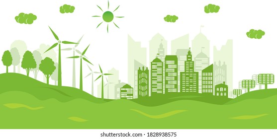 Green city concept and environment conservation. Renewable energy with a wind generators and solar panels. Vector Illustration.