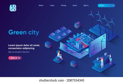 Green city concept isometric landing page. Citizens living and using renewable energy from wind turbines and solar panels, 3d web banner template. Vector illustration with people scene in flat design