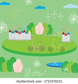 Green city concept in vector. Earth day poster. Ecological city illustration.