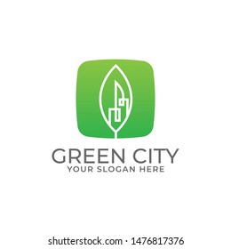 Green city creative logo with a leaf background