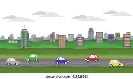 green city with eco car on the road , cartoon style , isolated on white background vector