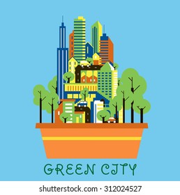 Green city eco concept showing flower pot with modern urban landscape of colorful skyscrapers, cars and green trees on streets over cyan background