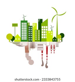 Green city with green Eco Earth concept. Factories, polluted air and smog. Green concept. Vector illustration. Ecologically clean energy. Solar battery. Windmill