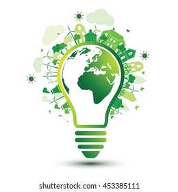 Green city and Eco Earth with light bulb eco concept ,vector illustration