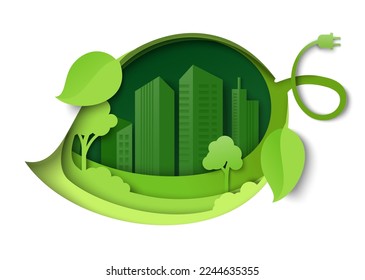 Vector de energía ecológica de la ciudad verde. El medio ambiente y la ecología guardan la ilustración. Construcción urbana paisaje fondo y enchufe de potencia diseño de artesanía de corte de papel