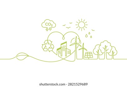 Green city eco energy vector illustration, sustainable environment line art banner with solar panel wind turbine heart recycles co2 isolated on white background