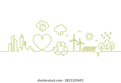 Green city eco energy vector illustration, sustainable environment line art banner with solar panel wind turbine heart recycles co2 isolated on white background