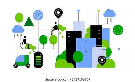 Ciudad verde y espacios ecológicos accesibles en el mapa. Ilustración plana simple. Archivo vectorial.