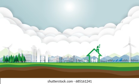 Green city and eco friendly with clouds and blue sky.Save the world and environment conservation concept.Paper art style.Vector illustration.