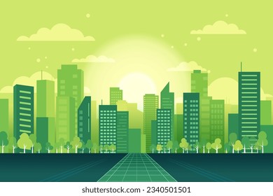 Ciudad verde. Eco Friendly, ecología y energías renovables alternativas. El ESG como concepto ambiental, social y de gobernanza. Ilustración vectorial.