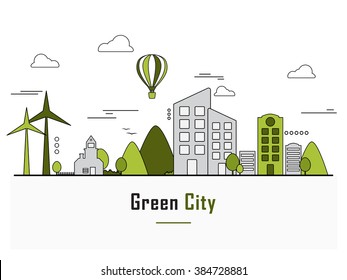 Green City Eco Technology, Sustainability Of Local Environment, Town Ecology Saving Web Banner, Hero Image, Website Slider. Line Art Vector Illustration.