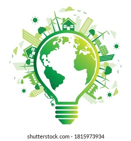 Green city with ecology earth logo light bulb. sustainable and environmental friendly concept. isolated on white background. vector illustration in flat style modern design.