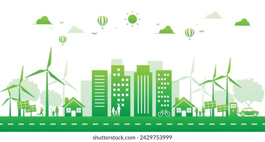 verde ciudad ecología ambiente y energía renovable sobre fondo blanco. paisaje edificio sostenible panel solar y turbina eólica. salvar el mundo con ecológico. ilustración vectorial plana.