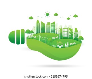 ecología de ciudad verde con familia y hogar en bombilla. fuentes de energía renovables. el concepto de ahorro de energía y medio ambiente. paneles solares limpios y turbinas eólicas en el paisaje. estilo plano de ilustración vectorial.