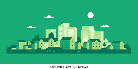 Green city. Ecology. Houses background. Flat minimal style. Vector