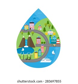 Green city ecology model in the shape of water drop with ecosystem infographics design elements. Icons of green energy, ecology, environment	