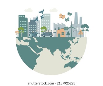 Green City With Ecology On Globe Nature Conservation Concept, Environmental Protection. Vector Design Illustration.